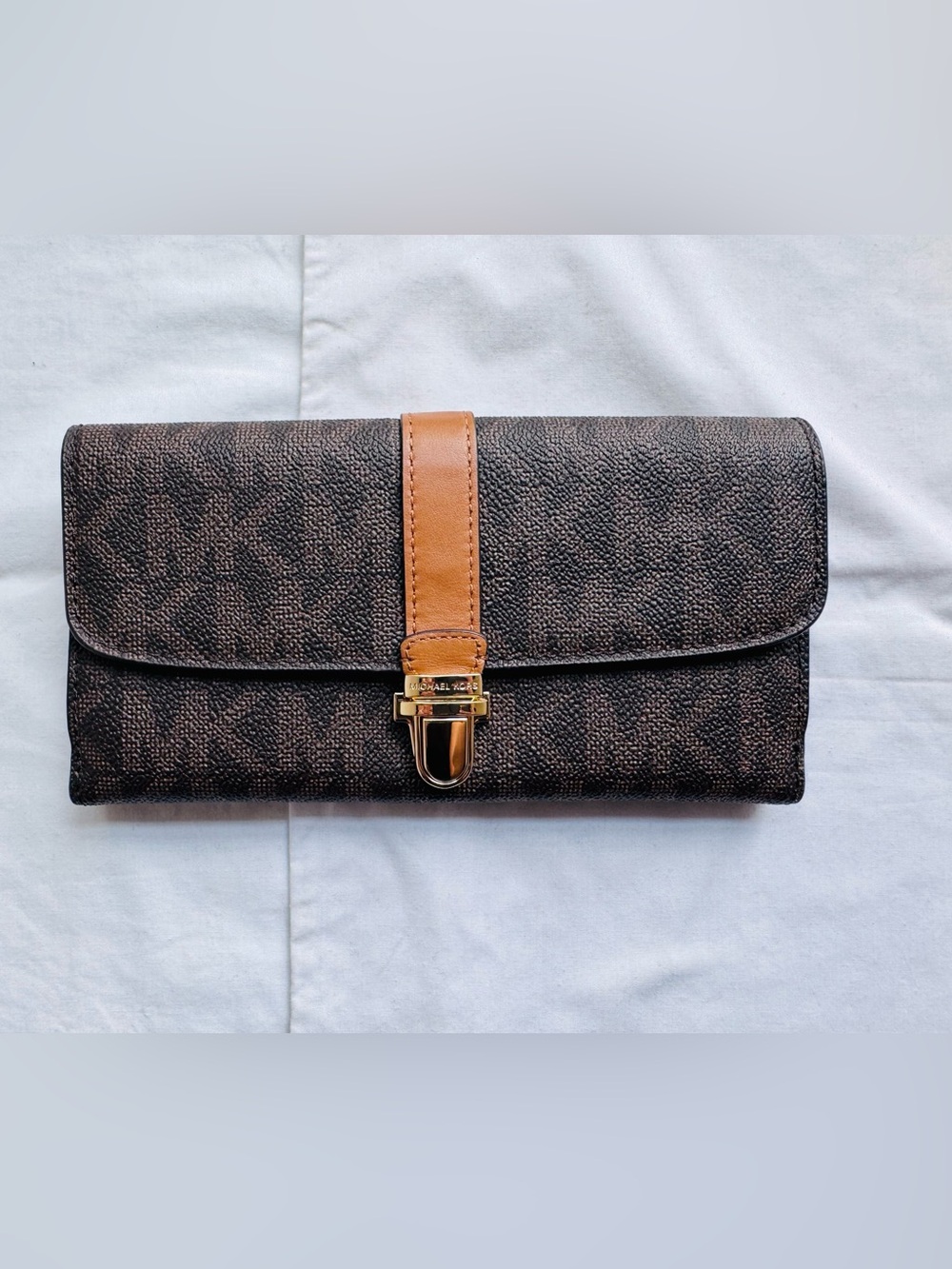 Michael Kors Brown Logo Clutch with Tan Strap and Gold Hardware